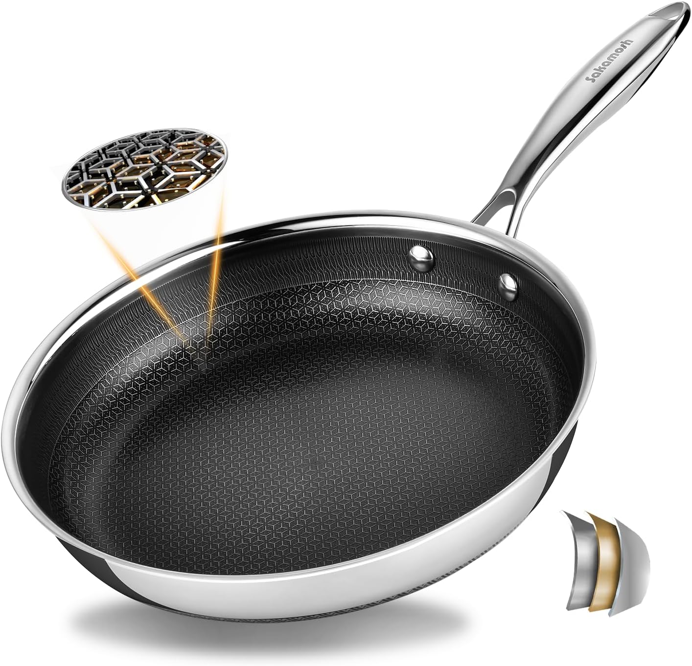 11" Non Stick Frying Pans, Stainless Steel Pan, Ceramic Skillet with Stay-Cool Handle, Non Toxic, PFAS PFOA PTFE Free, Dishwasher Safe, Induction, Compatible with All Cooktops
