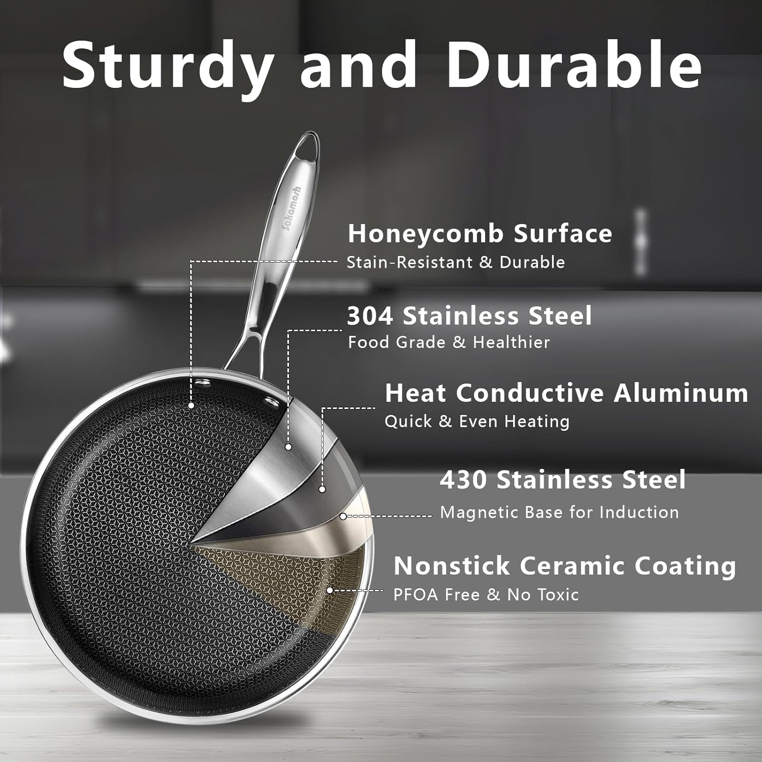 11" Non Stick Frying Pans, Stainless Steel Pan, Ceramic Skillet with Stay-Cool Handle, Non Toxic, PFAS PFOA PTFE Free, Dishwasher Safe, Induction, Compatible with All Cooktops - Image 3