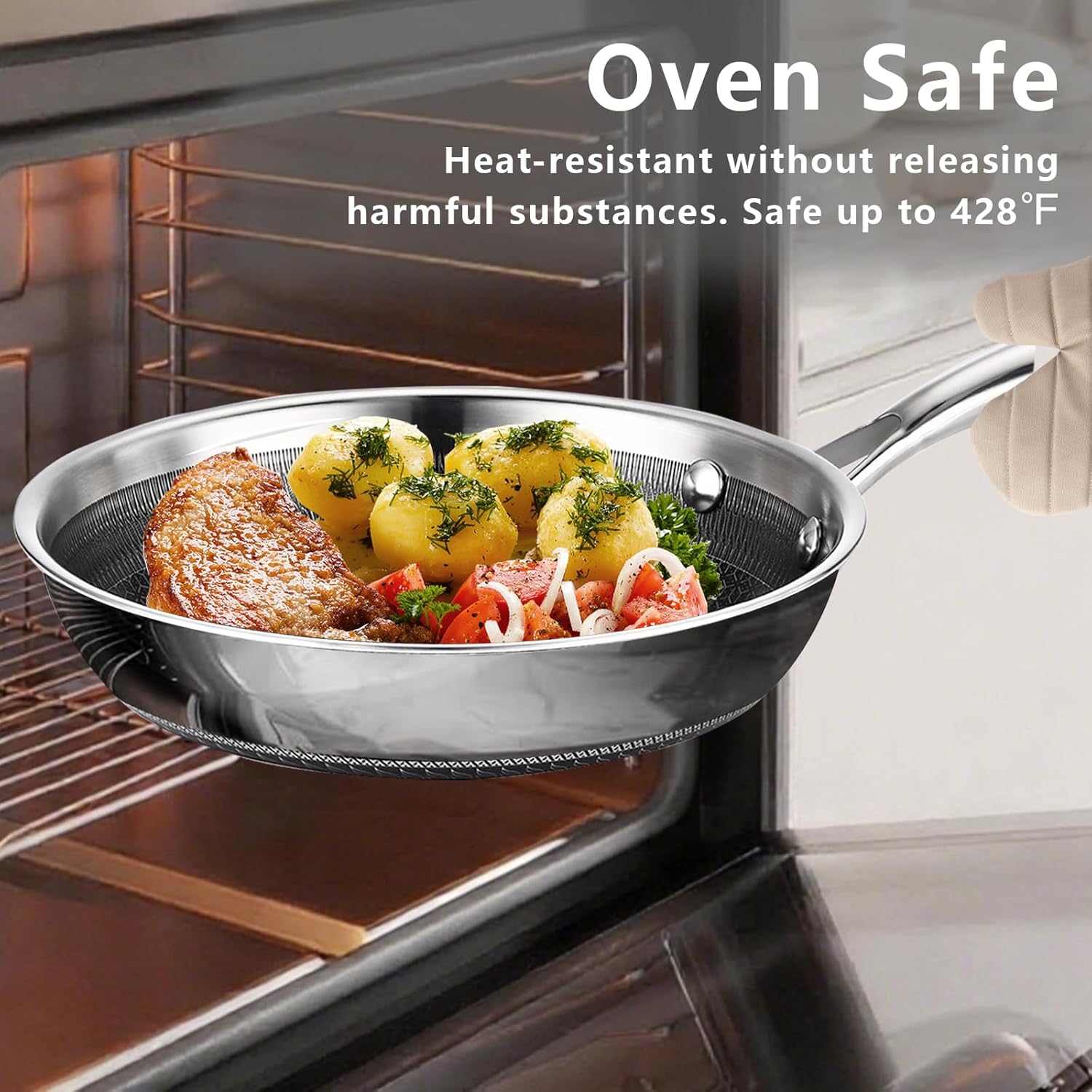 11" Non Stick Frying Pans, Stainless Steel Pan, Ceramic Skillet with Stay-Cool Handle, Non Toxic, PFAS PFOA PTFE Free, Dishwasher Safe, Induction, Compatible with All Cooktops - Image 6