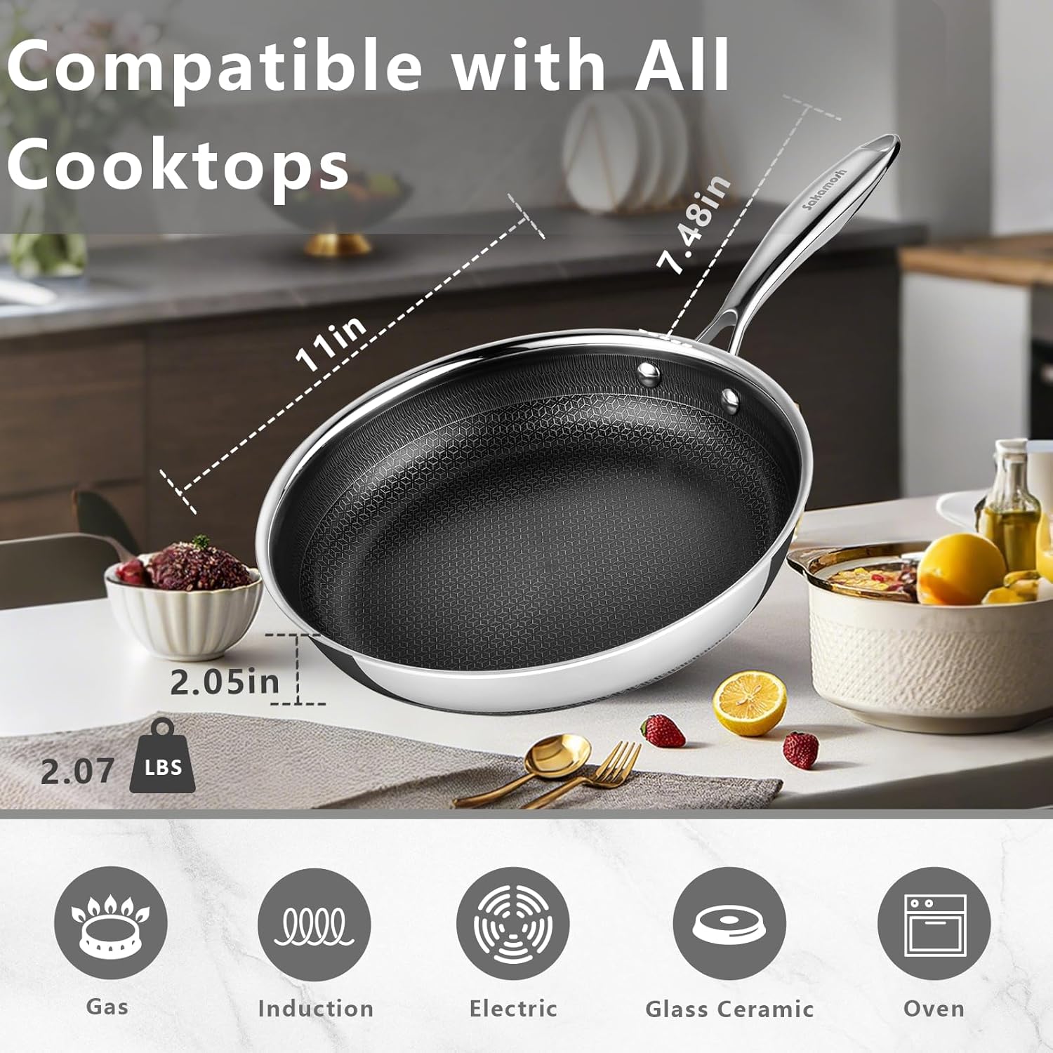 11" Non Stick Frying Pans, Stainless Steel Pan, Ceramic Skillet with Stay-Cool Handle, Non Toxic, PFAS PFOA PTFE Free, Dishwasher Safe, Induction, Compatible with All Cooktops - Image 7