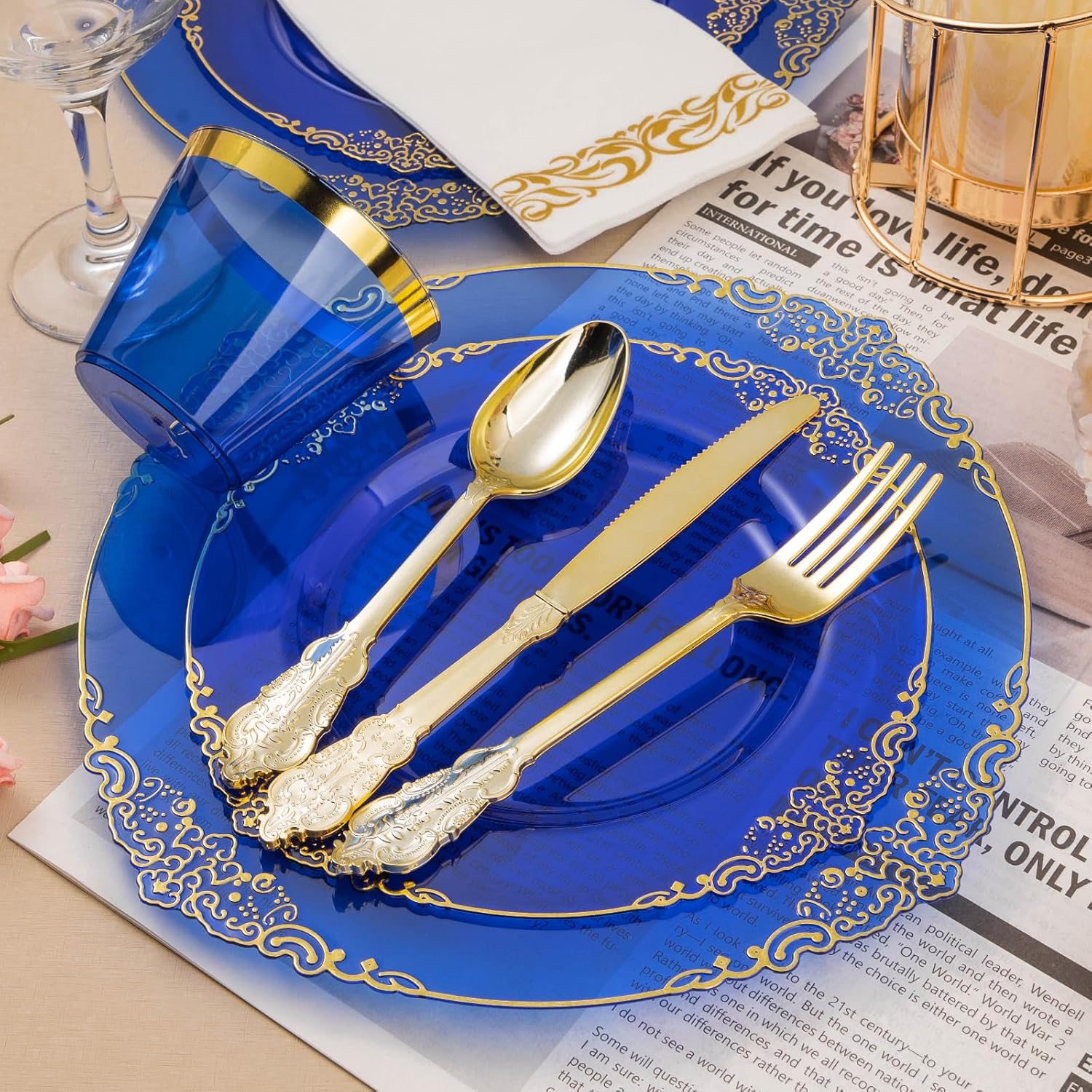 350PCS Clear Blue Plastic Plates for 50 Guests, Disposable Plates with Gold Trim include 50 Dinner and Dessert Plates, 150 Gold Silverware, 50 Cups, 50 Napkins for Party, Wedding & Graduation - Image 3