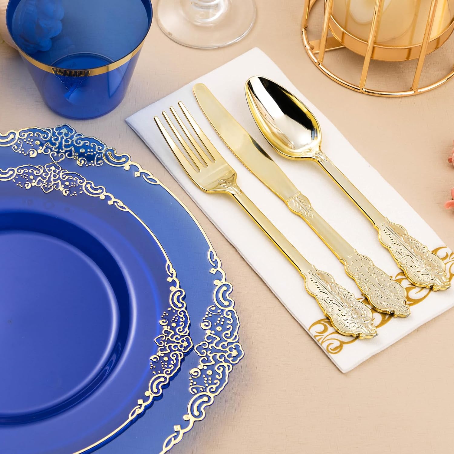 350PCS Clear Blue Plastic Plates for 50 Guests, Disposable Plates with Gold Trim include 50 Dinner and Dessert Plates, 150 Gold Silverware, 50 Cups, 50 Napkins for Party, Wedding & Graduation - Image 4