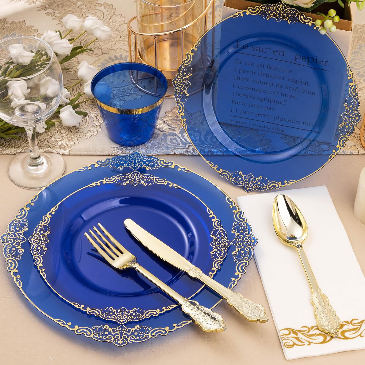 350PCS Clear Blue Plastic Plates for 50 Guests, Disposable Plates with Gold Trim include 50 Dinner and Dessert Plates, 150 Gold Silverware, 50 Cups, 50 Napkins for Party, Wedding & Graduation - Image 5