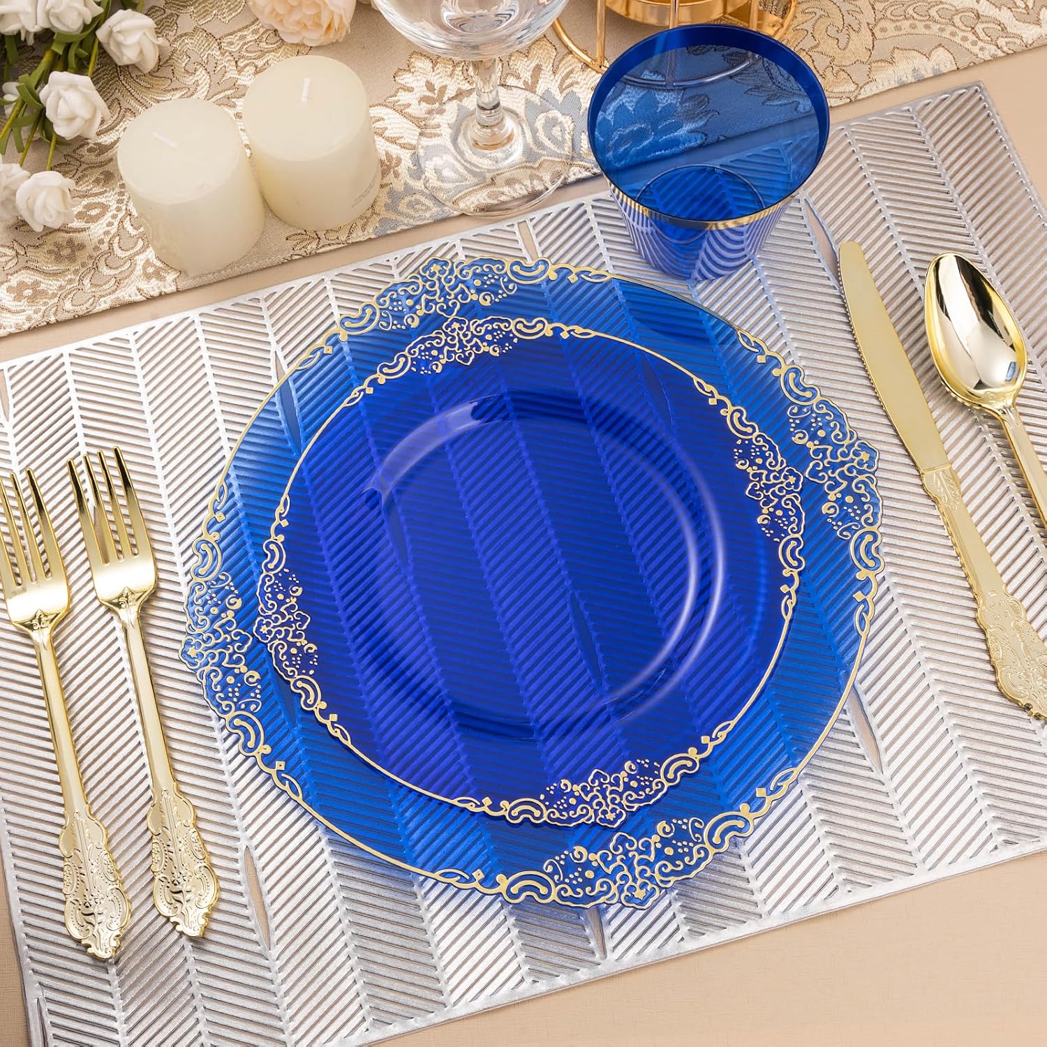350PCS Clear Blue Plastic Plates for 50 Guests, Disposable Plates with Gold Trim include 50 Dinner and Dessert Plates, 150 Gold Silverware, 50 Cups, 50 Napkins for Party, Wedding & Graduation - Image 6