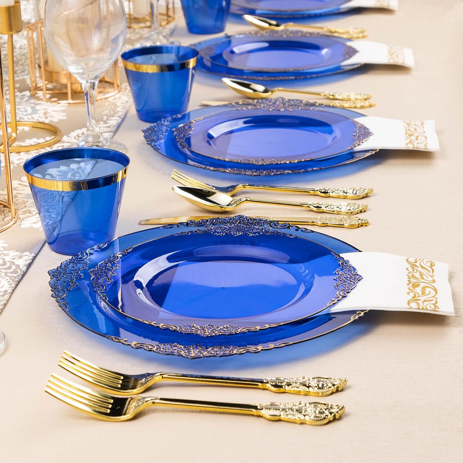 350PCS Clear Blue Plastic Plates for 50 Guests, Disposable Plates with Gold Trim include 50 Dinner and Dessert Plates, 150 Gold Silverware, 50 Cups, 50 Napkins for Party, Wedding & Graduation - Image 7