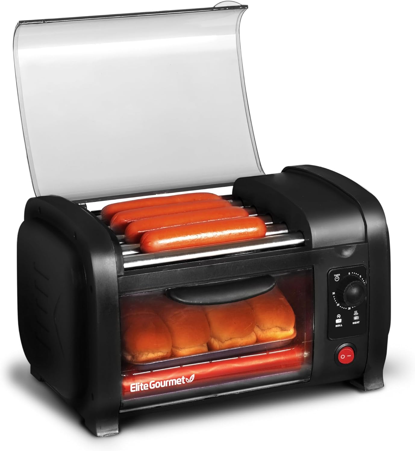 Elite Gourmet EHD-051BX Hot Dog Toaster Oven, 30-Min Timer, Stainless Steel Heat Rollers Bake & Crumb Tray, World Series Baseball, 4 Bun Capacity, Black
