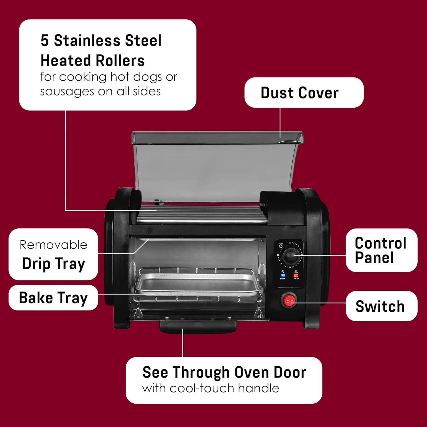 Elite Gourmet EHD-051BX Hot Dog Toaster Oven, 30-Min Timer, Stainless Steel Heat Rollers Bake & Crumb Tray, World Series Baseball, 4 Bun Capacity, Black - Image 3