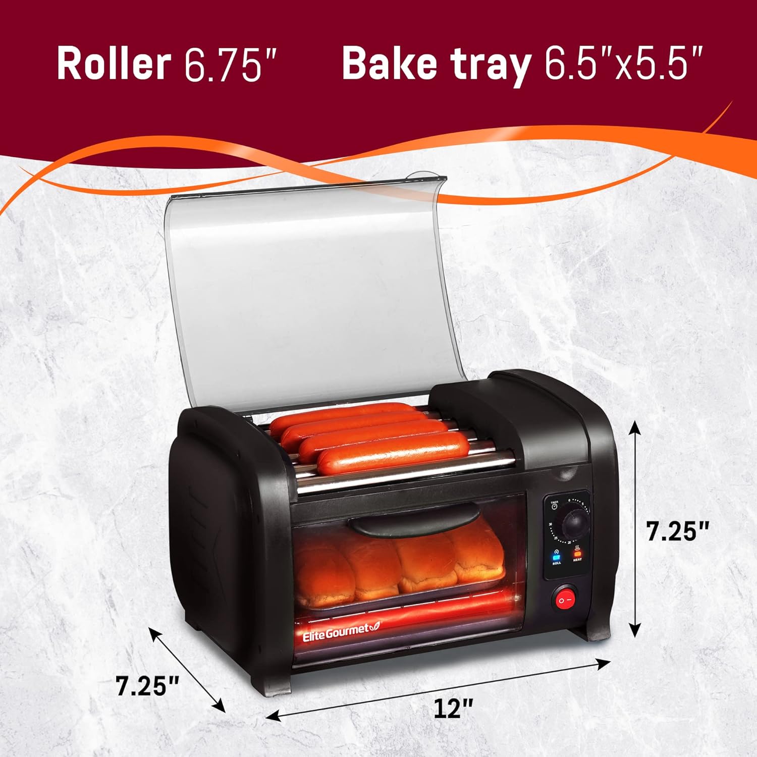 Elite Gourmet EHD-051BX Hot Dog Toaster Oven, 30-Min Timer, Stainless Steel Heat Rollers Bake & Crumb Tray, World Series Baseball, 4 Bun Capacity, Black - Image 4