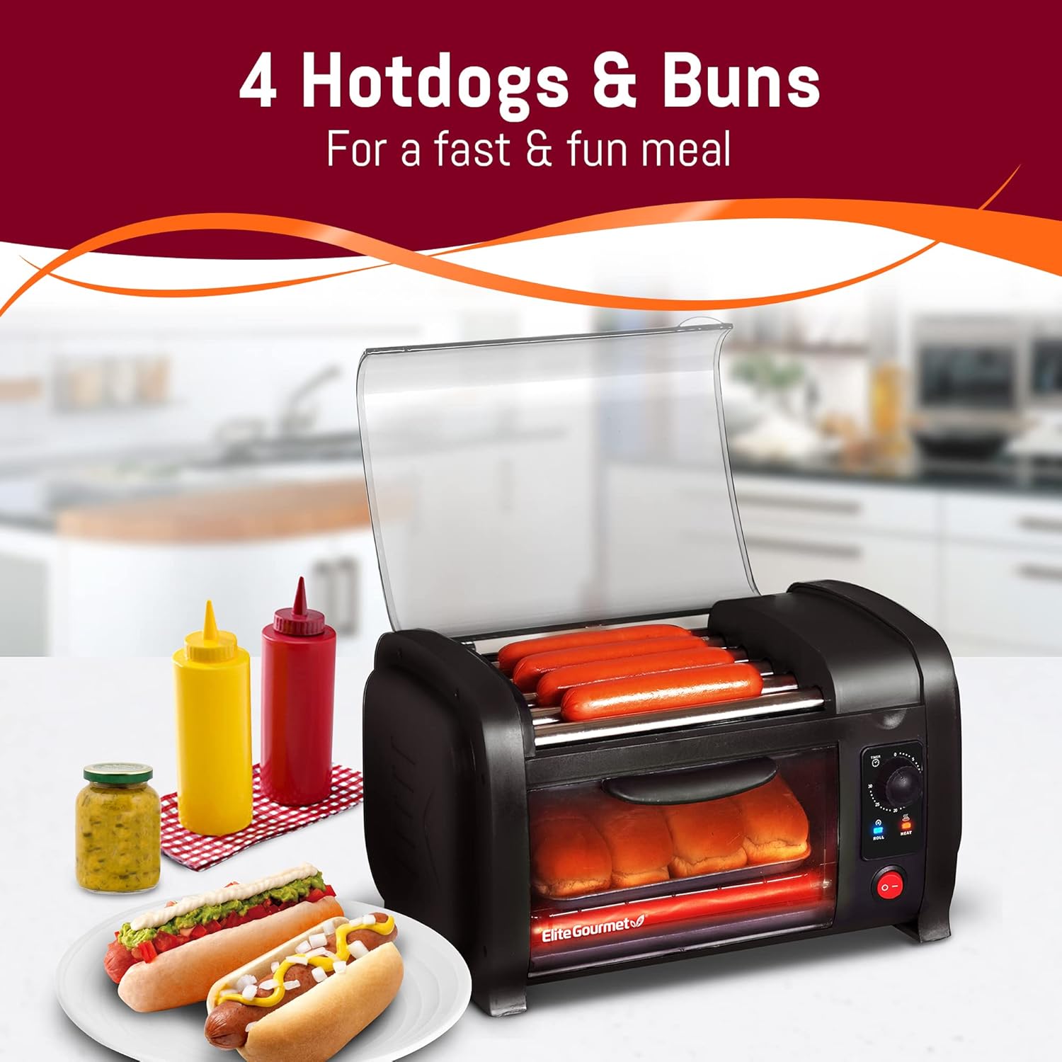 Elite Gourmet EHD-051BX Hot Dog Toaster Oven, 30-Min Timer, Stainless Steel Heat Rollers Bake & Crumb Tray, World Series Baseball, 4 Bun Capacity, Black - Image 6