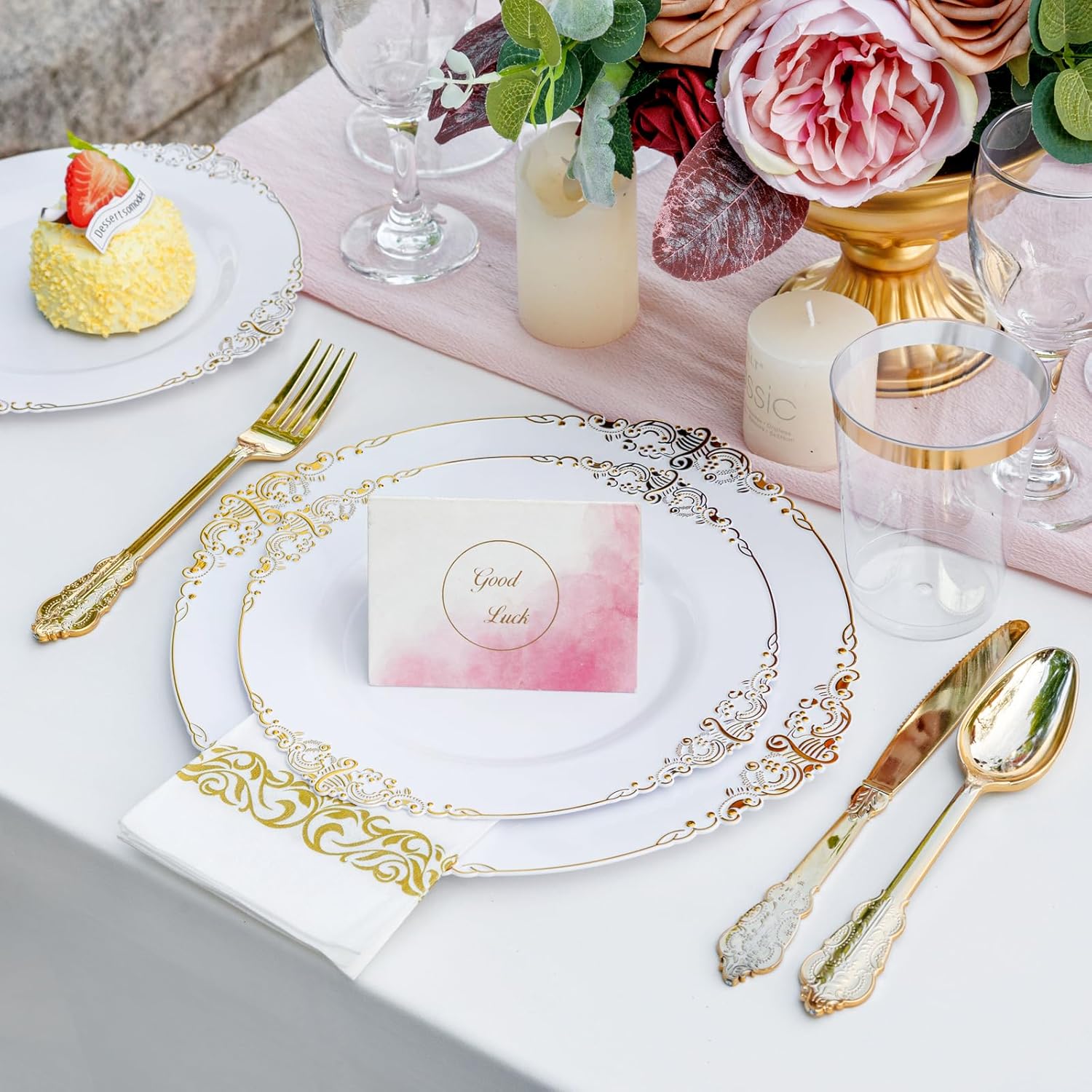 Nervure 350PCS Gold Plastic Dinnerware - White and Gold Disposable Plates for 50 Guests - 100 White Disposable Plates, 150 Plastic Silverware, 50 Cups, 50 Napkins for Wedding & Party & Thanksgiving - Image 4