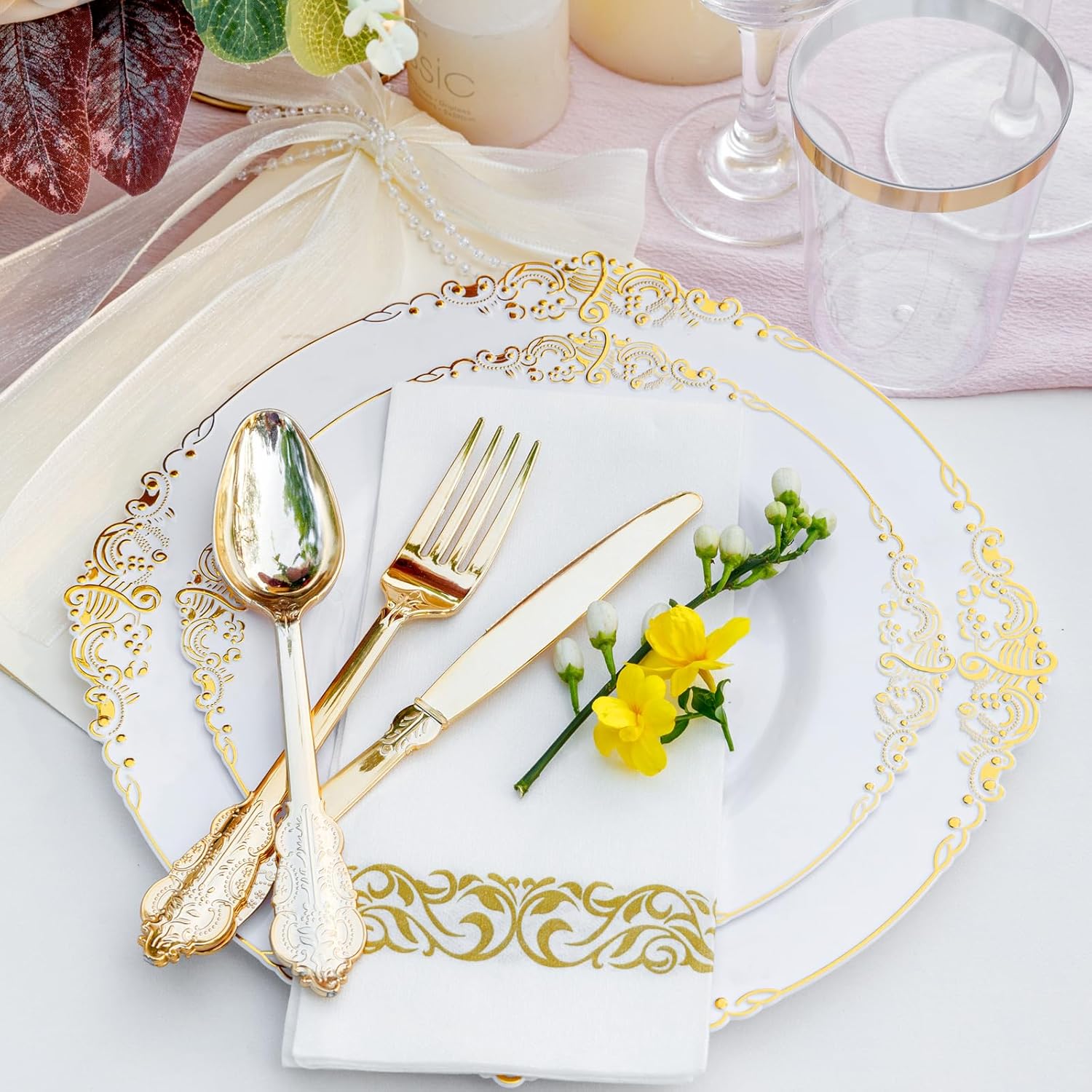 Nervure 350PCS Gold Plastic Dinnerware - White and Gold Disposable Plates for 50 Guests - 100 White Disposable Plates, 150 Plastic Silverware, 50 Cups, 50 Napkins for Wedding & Party & Thanksgiving - Image 5