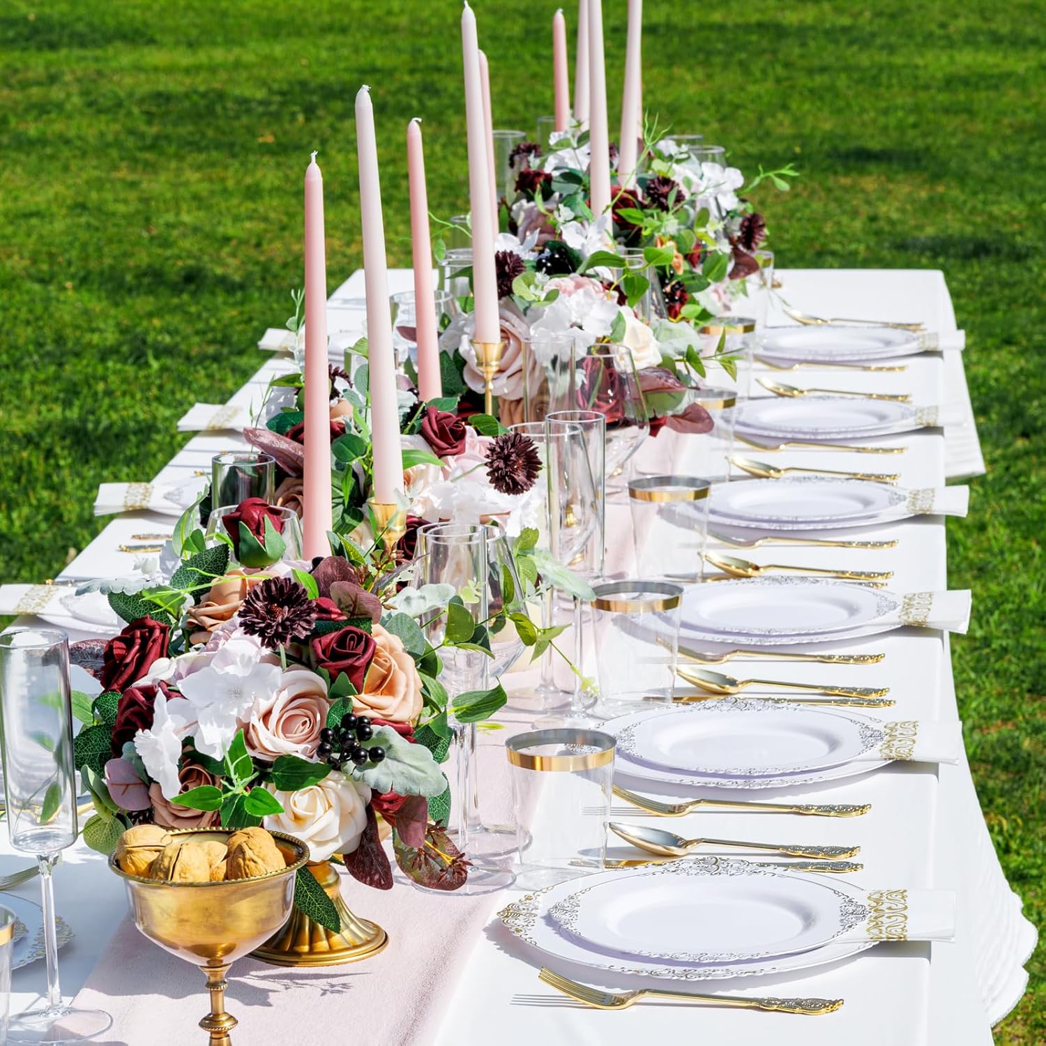 Nervure 350PCS Gold Plastic Dinnerware - White and Gold Disposable Plates for 50 Guests - 100 White Disposable Plates, 150 Plastic Silverware, 50 Cups, 50 Napkins for Wedding & Party & Thanksgiving - Image 6