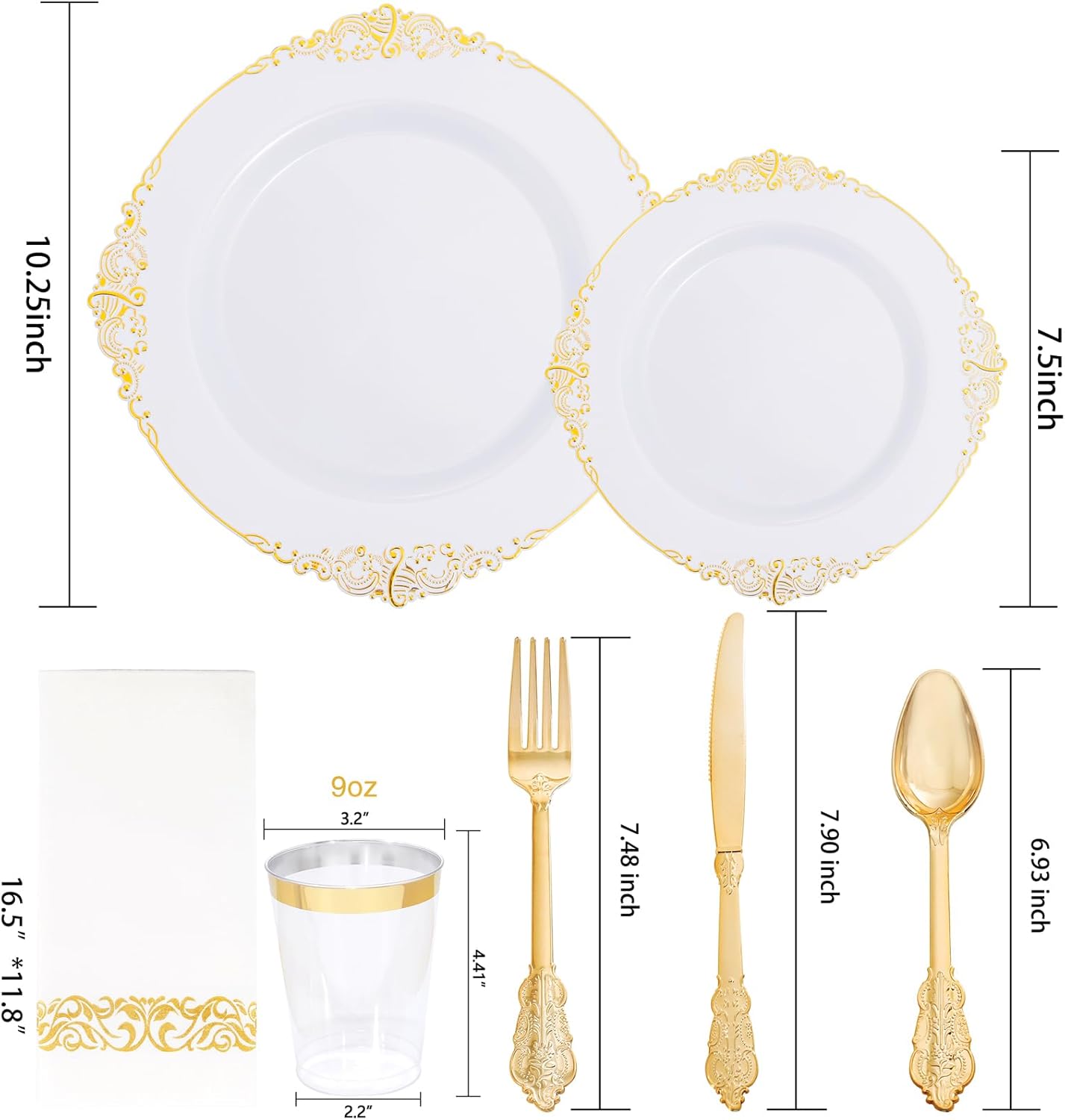 Nervure 350PCS Gold Plastic Dinnerware - White and Gold Disposable Plates for 50 Guests - 100 White Disposable Plates, 150 Plastic Silverware, 50 Cups, 50 Napkins for Wedding & Party & Thanksgiving - Image 7