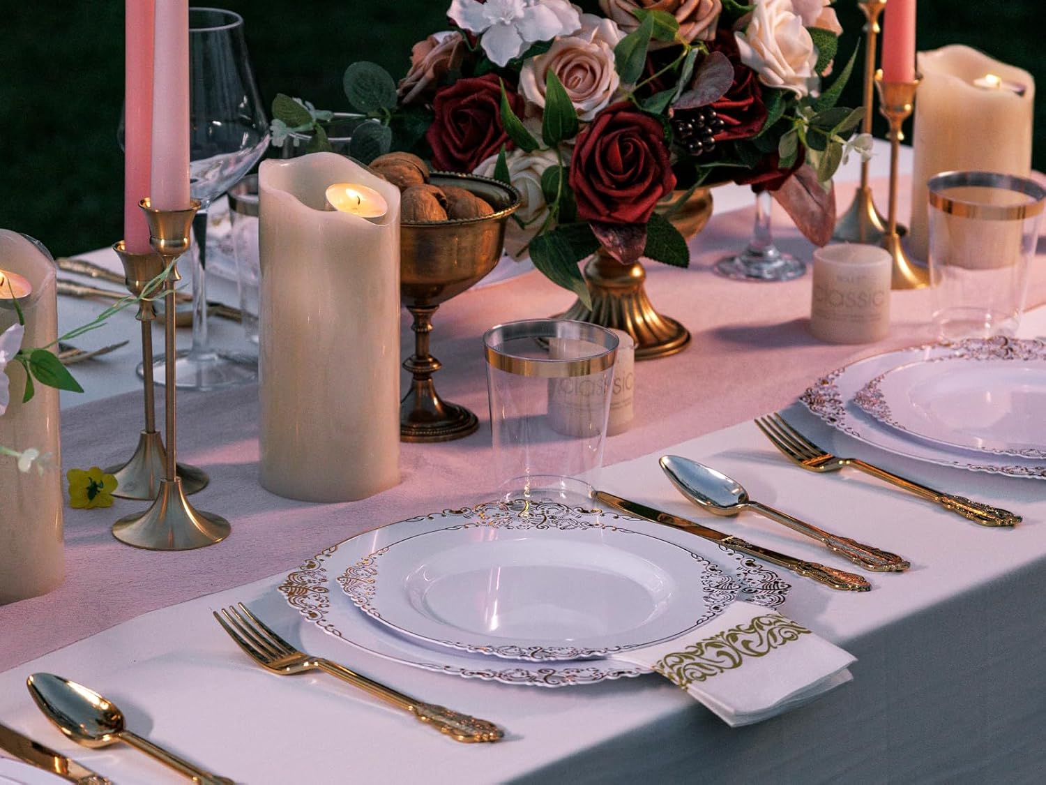 Nervure 350PCS Gold Plastic Dinnerware - White and Gold Disposable Plates for 50 Guests - 100 White Disposable Plates, 150 Plastic Silverware, 50 Cups, 50 Napkins for Wedding & Party & Thanksgiving - Image 8